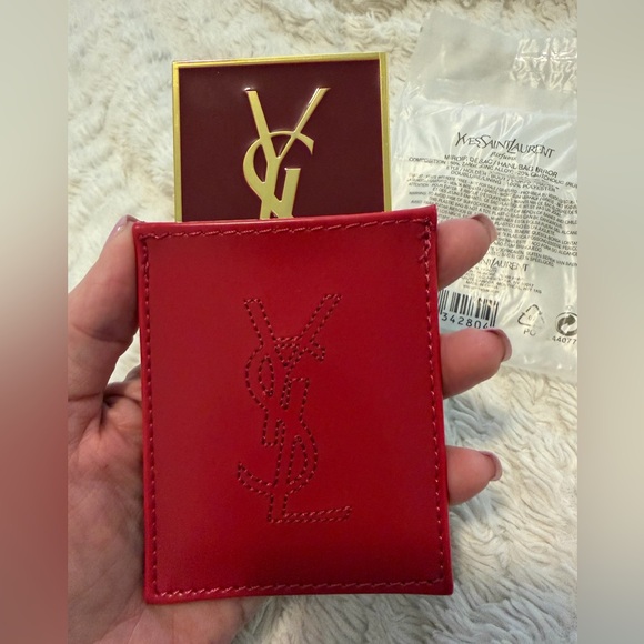 Yves Saint Laurent Dark Red Enamel & Gold Color Accents Mirror w/YSL Case New - Picture 7 of 7